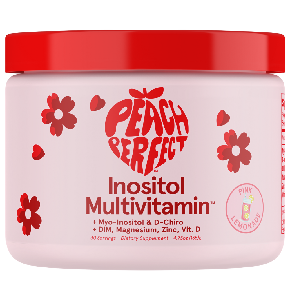 Jar of Peach Perfect Inositol Multivitamin with red lid and pink label