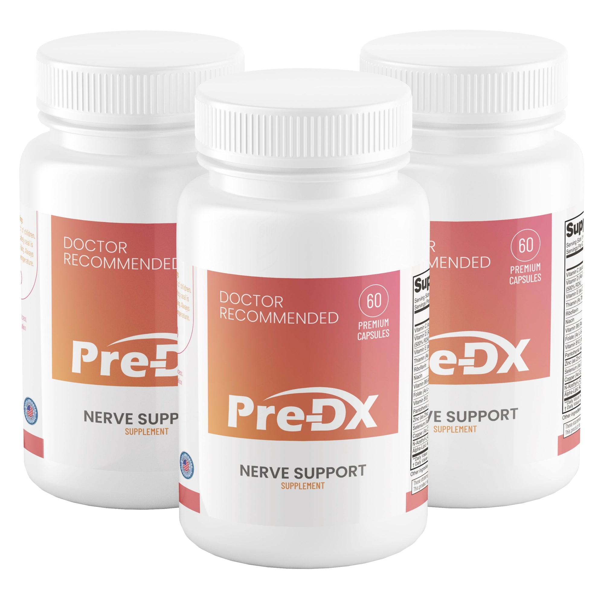 Three bottles of Pre-DX nerve support supplement on a white background