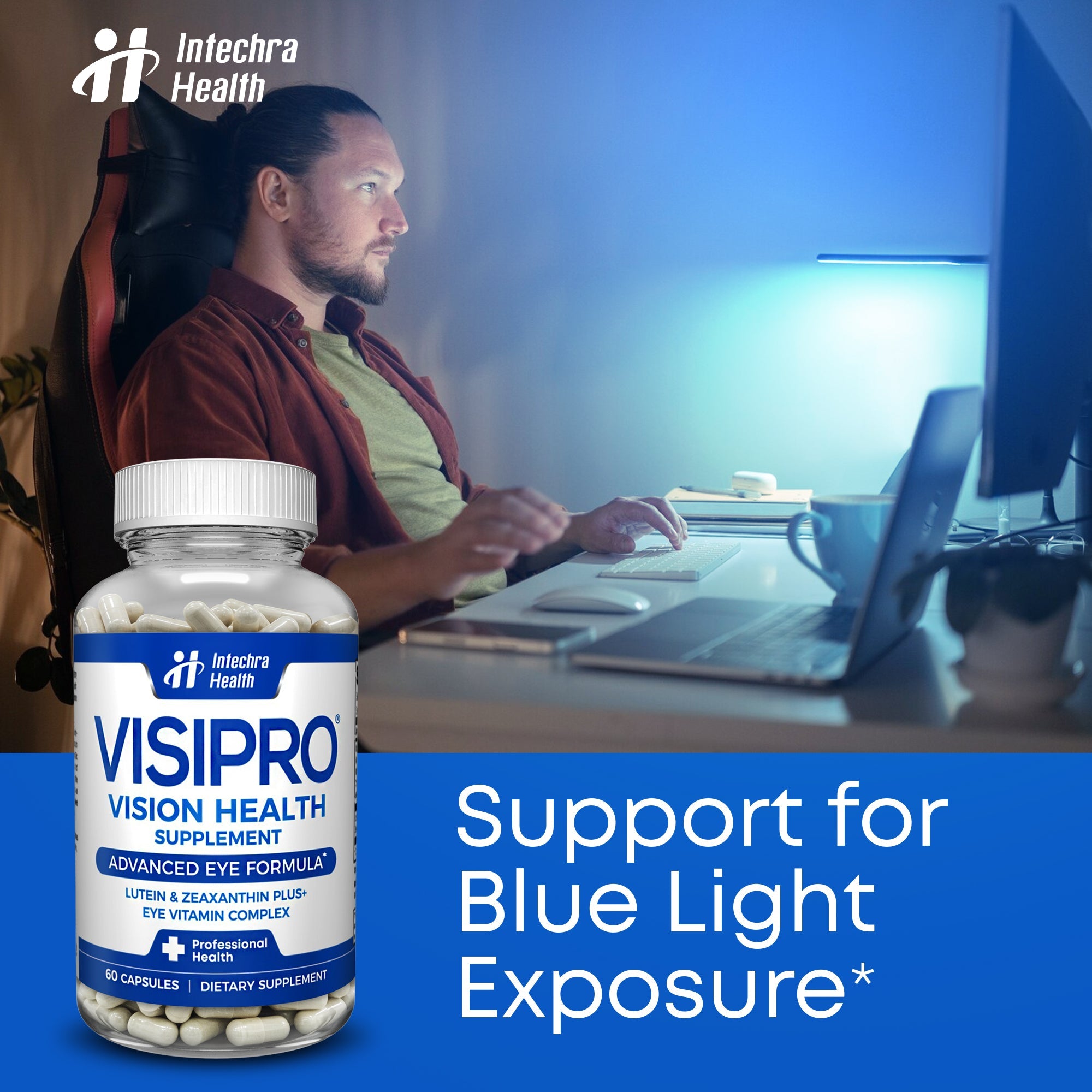 Person using a laptop with Intechna Health Visipro supplement bottle in foreground
