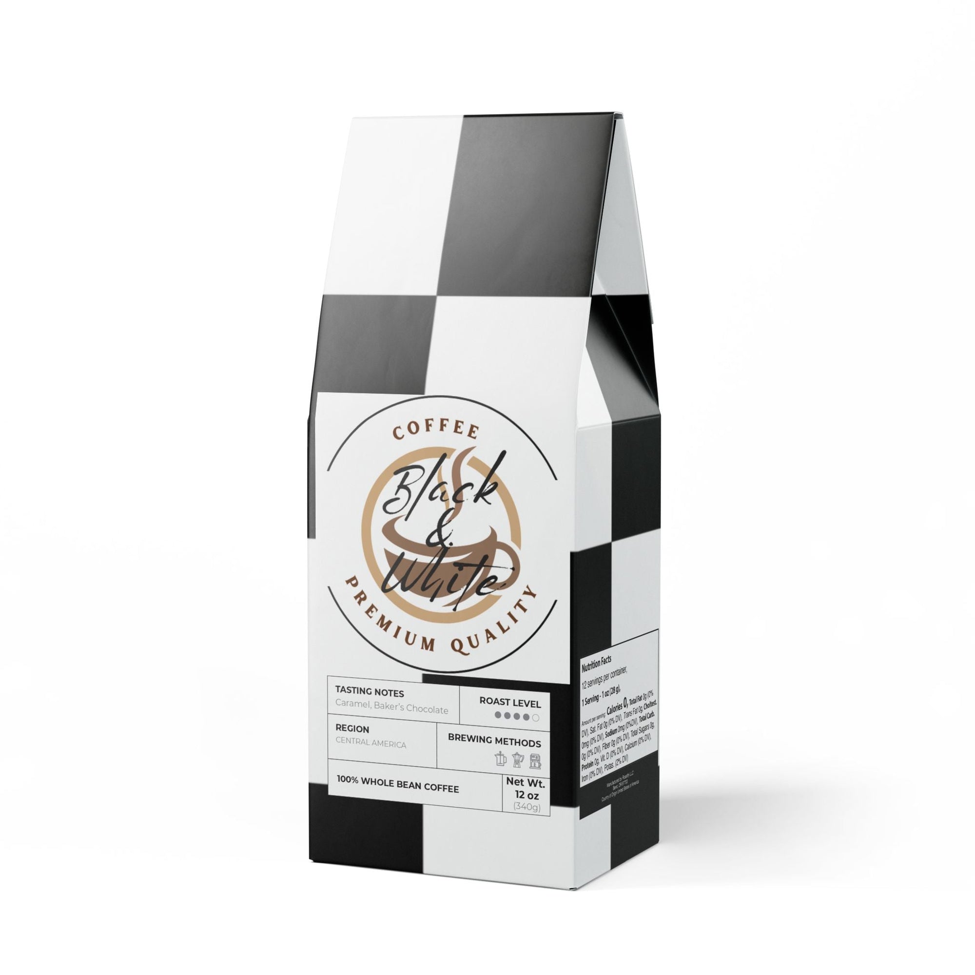 Black and white coffee packaging with brand logo on a white background