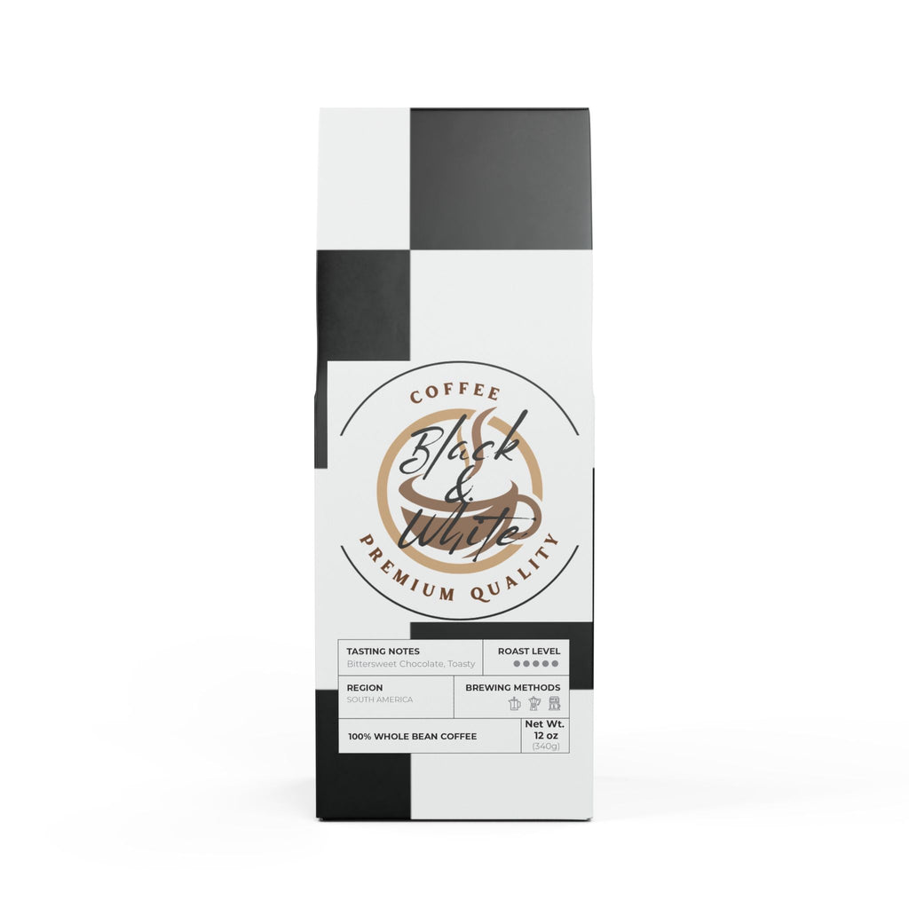 Coffee package with 'Black & White' branding on a white background