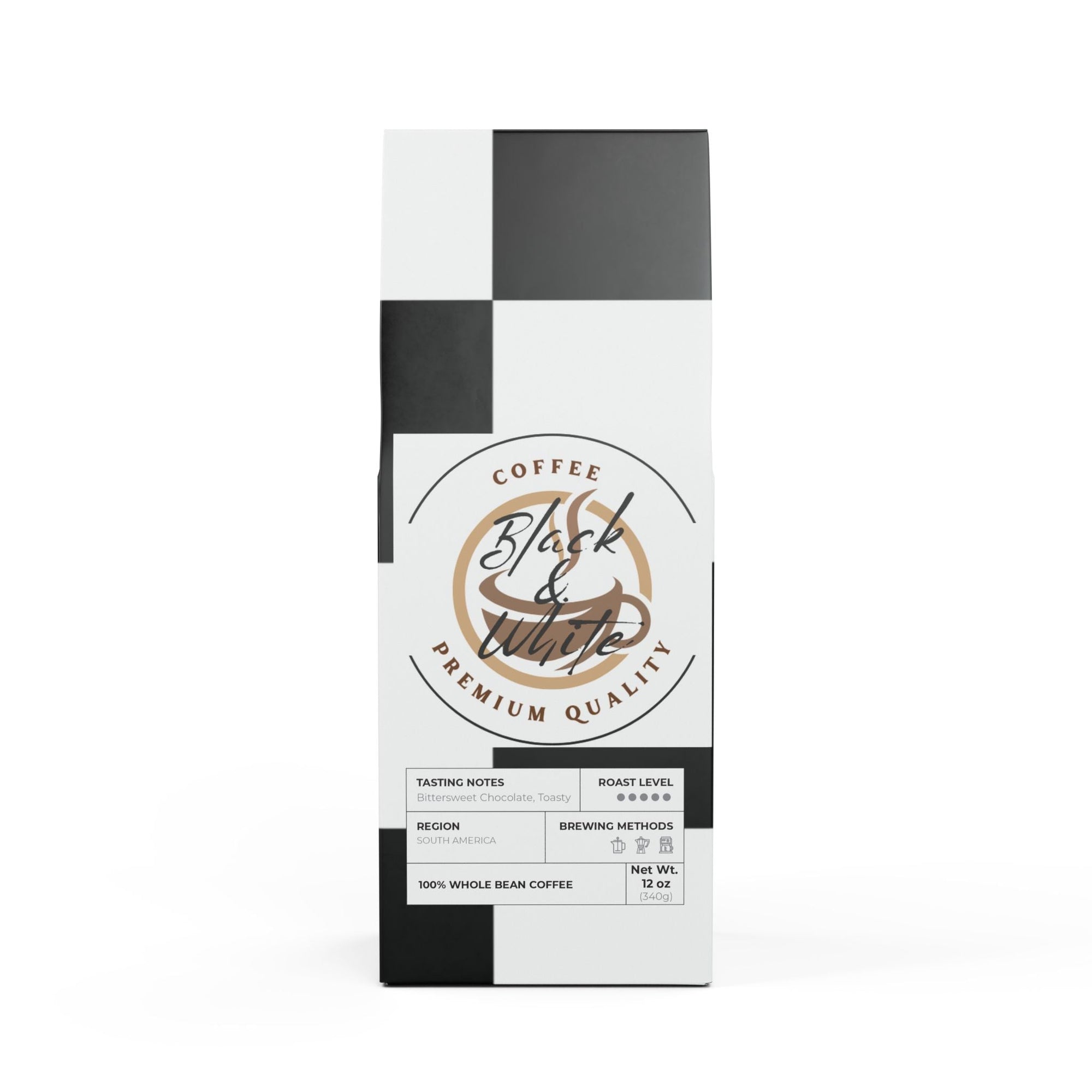 Coffee package with 'Black & White' branding on a white background