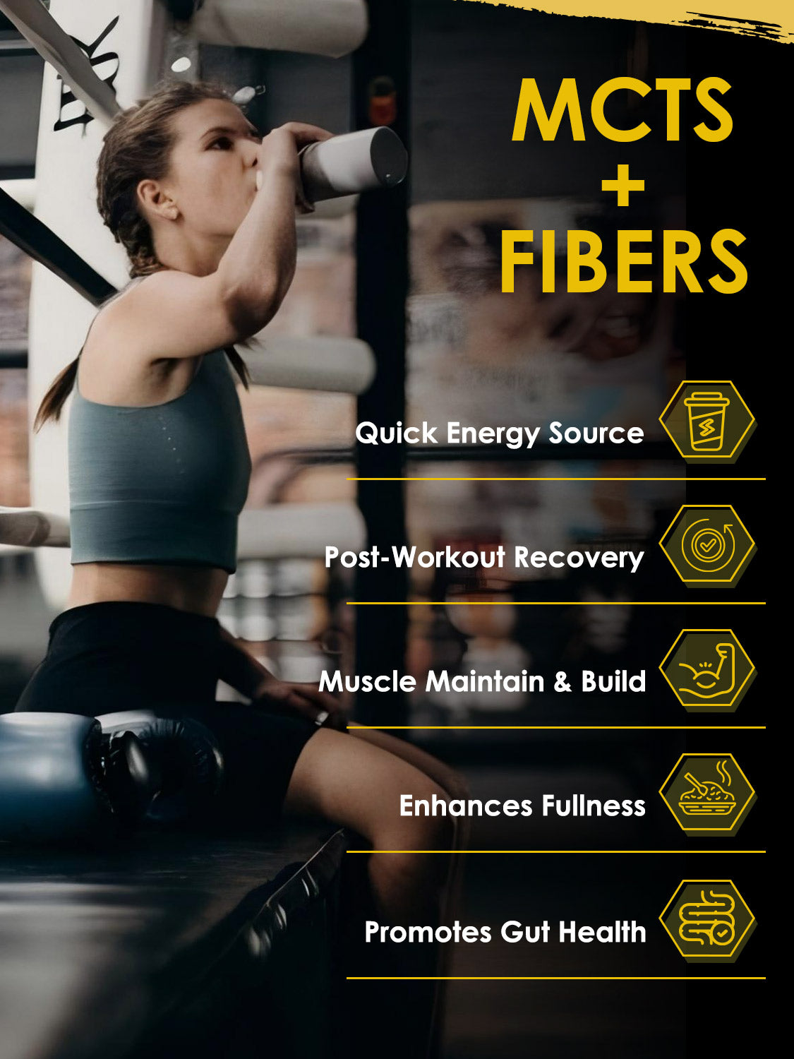 Woman drinking from a shaker bottle with MCTS + FIBERS benefits listed on a dark background