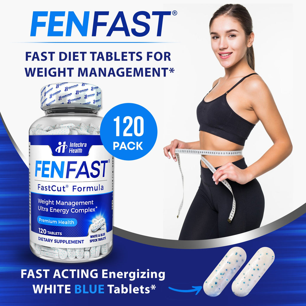 FenFast fast diet tablets for weight management with a woman measuring herself on a blue and white background.