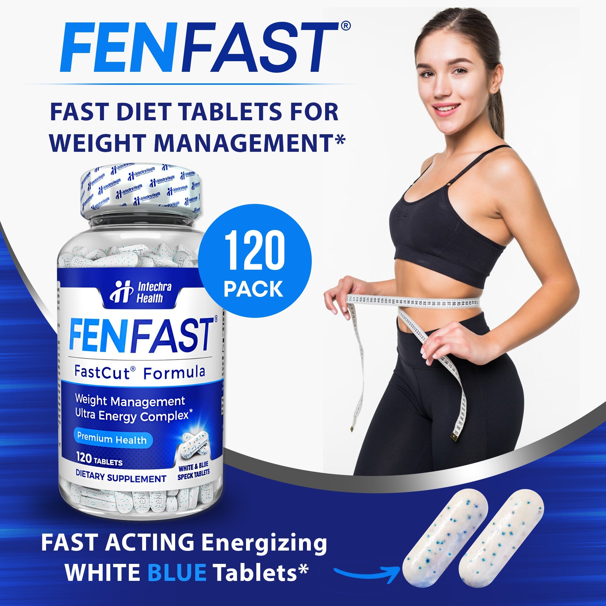 FenFast fast diet tablets for weight management with a woman measuring herself on a blue and white background.