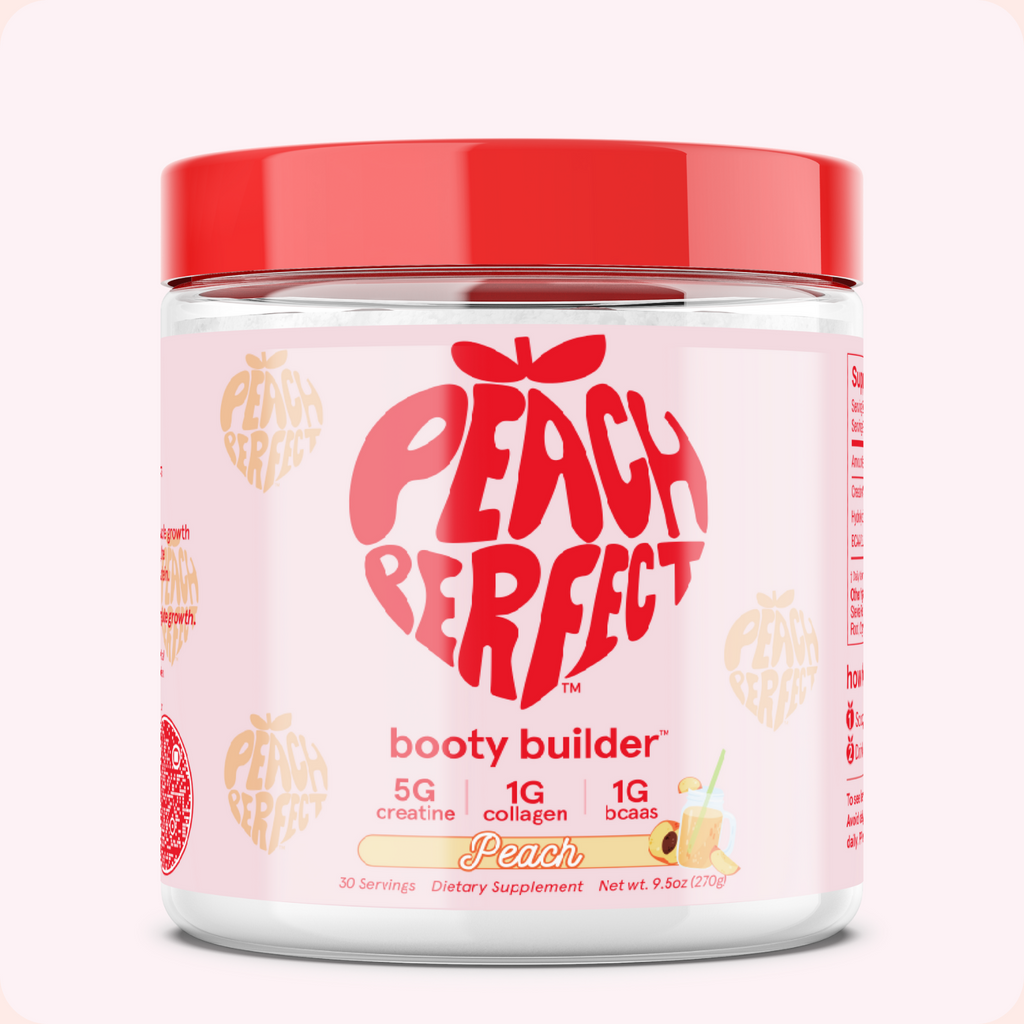 Peach Perfect Booty Builder supplement jar with red lid on a white background