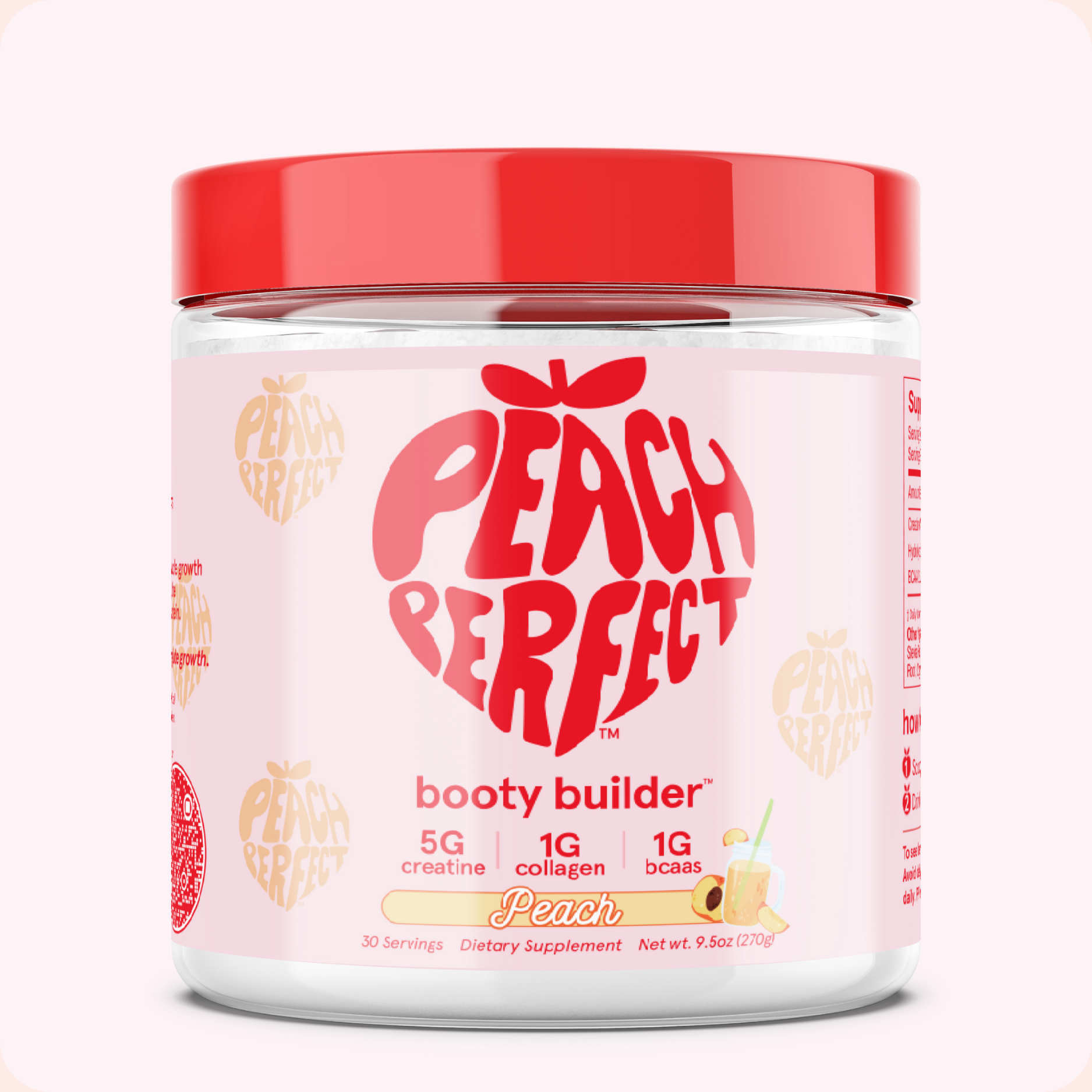 Peach Perfect Booty Builder supplement jar with red lid on a white background