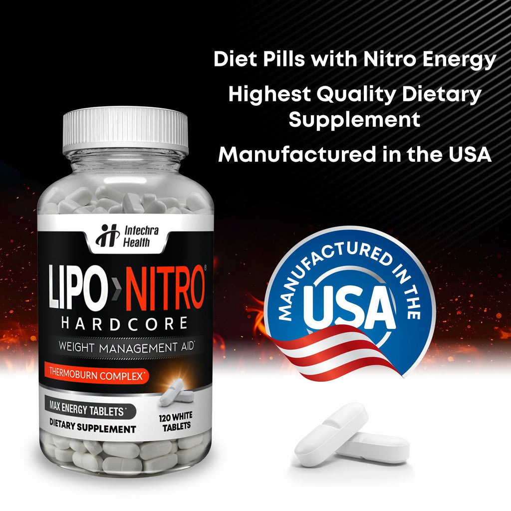 Bottle of Lipo Nitro Hardcore dietary supplement with 'Manufactured in the USA' label on a dark background.