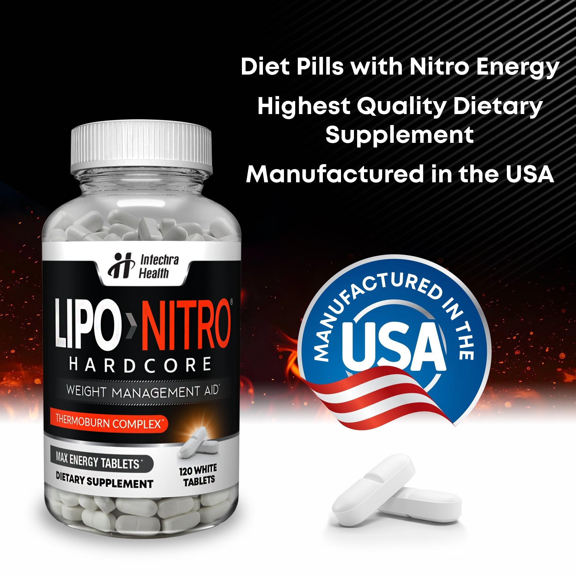 Bottle of Lipo Nitro Hardcore dietary supplement with 'Manufactured in the USA' label on a dark background.
