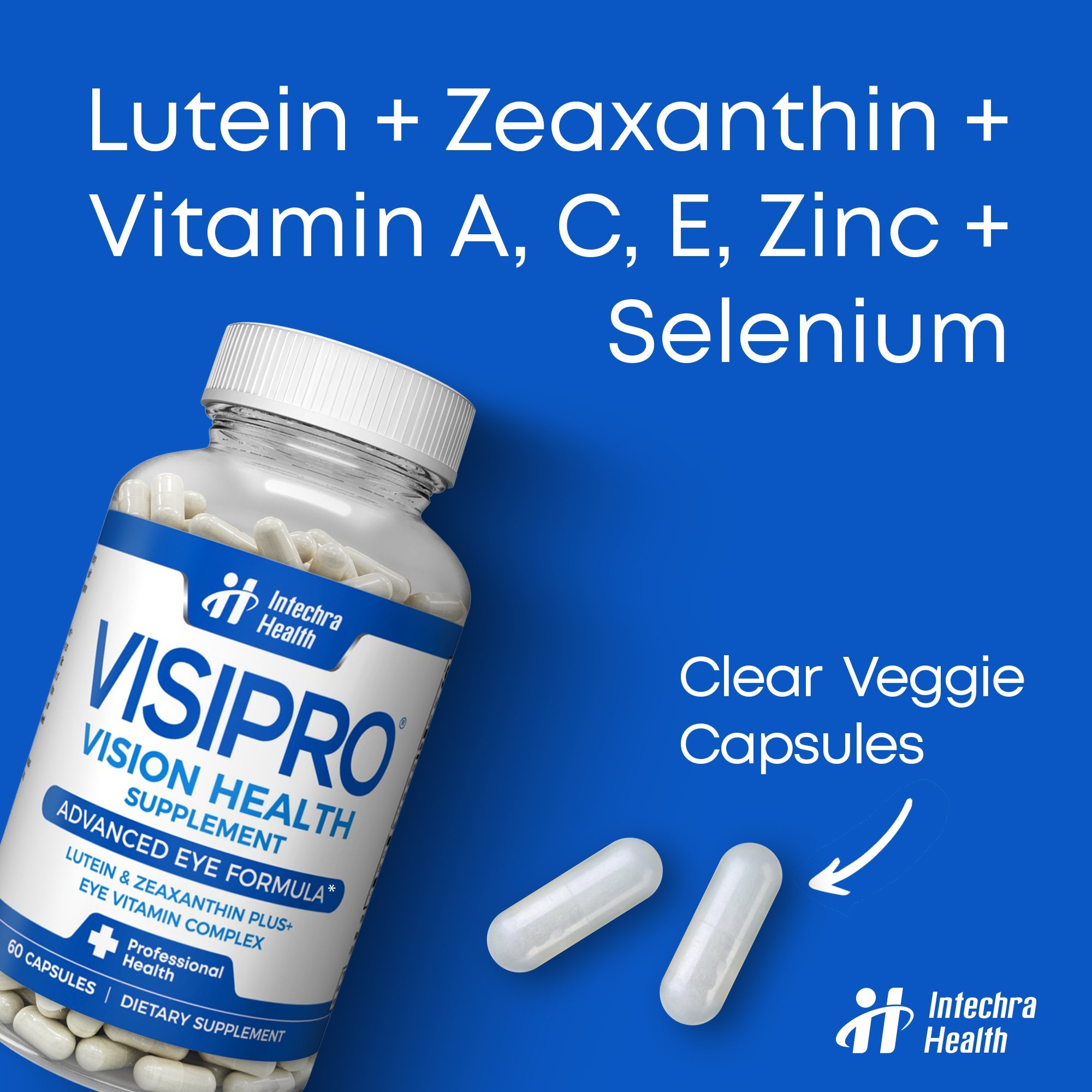 Visipro vision health supplement bottle with capsules on a blue background