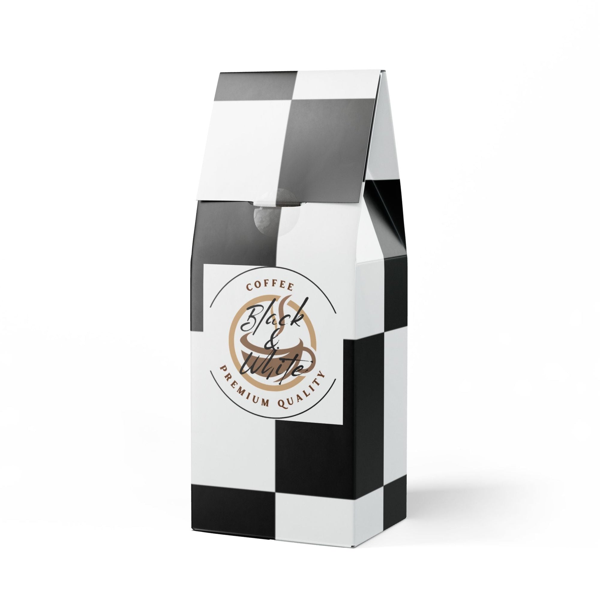 Black and white coffee packaging with a brand logo on a white background