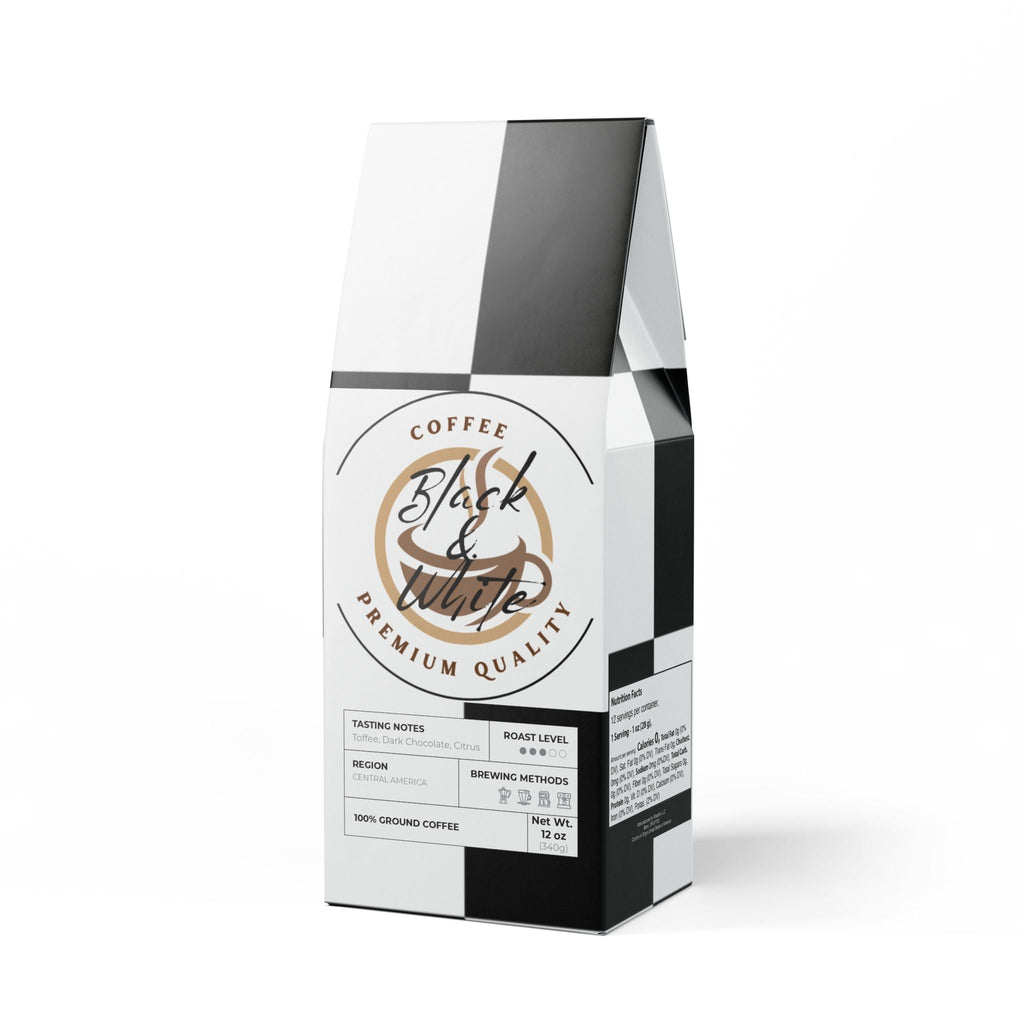Coffee bag with 'Black & White' branding on a white background