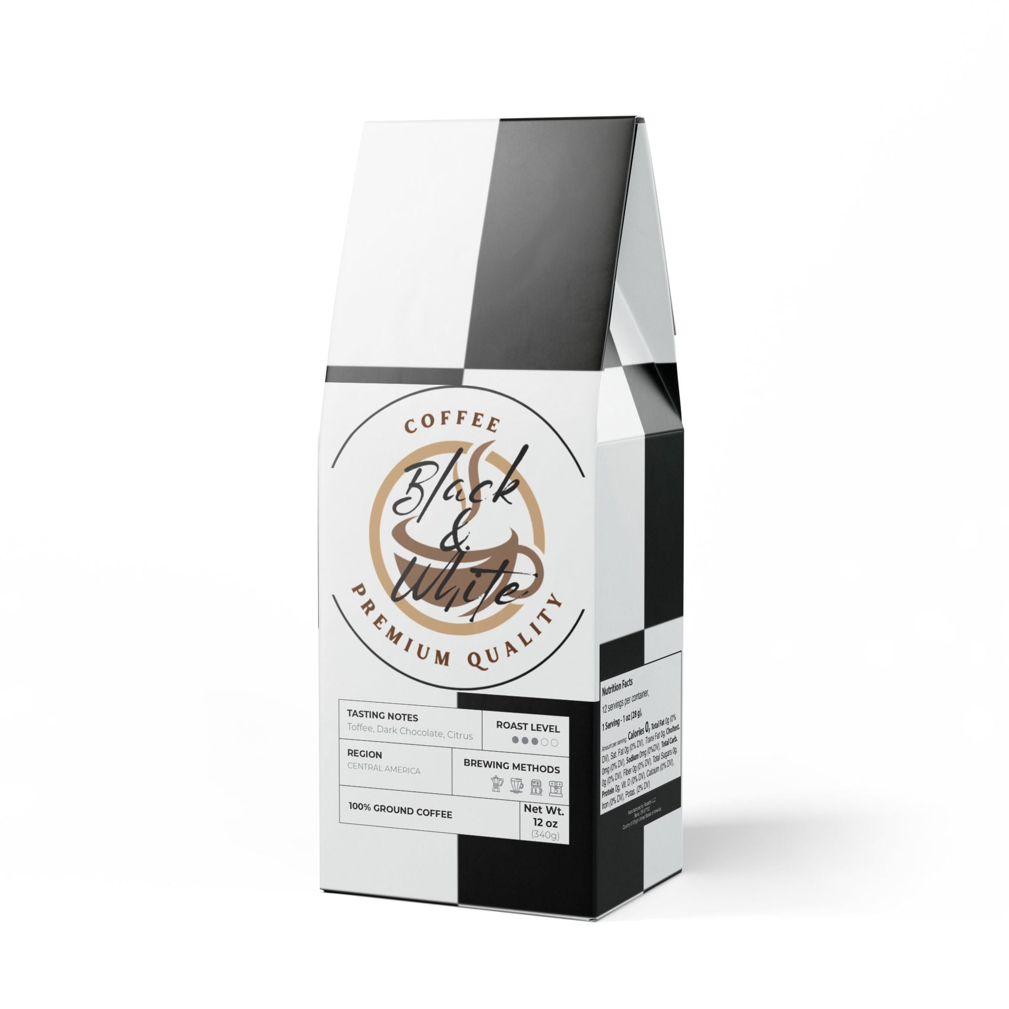 Coffee bag with 'Black & White' branding on a white background
