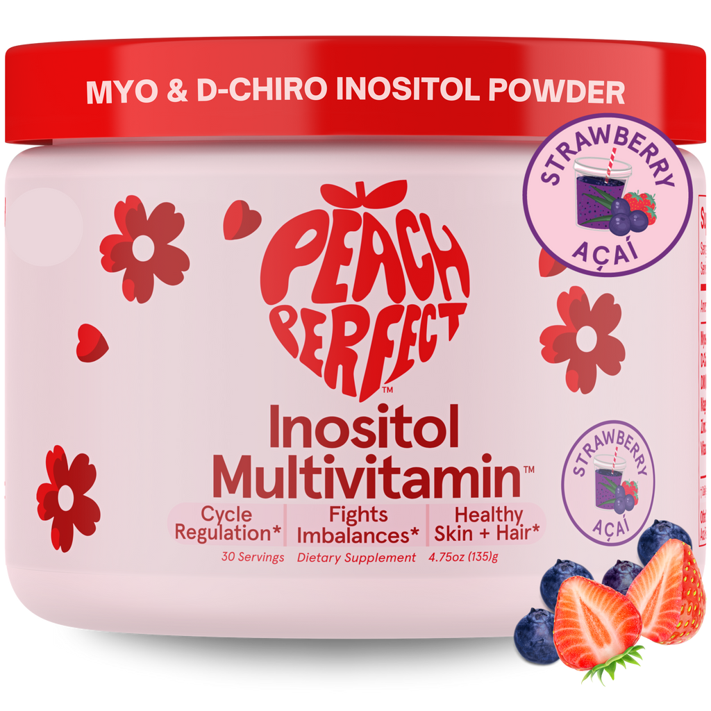 Peach Perfect Inositol Multivitamin container with strawberry acai flavor on a white background
