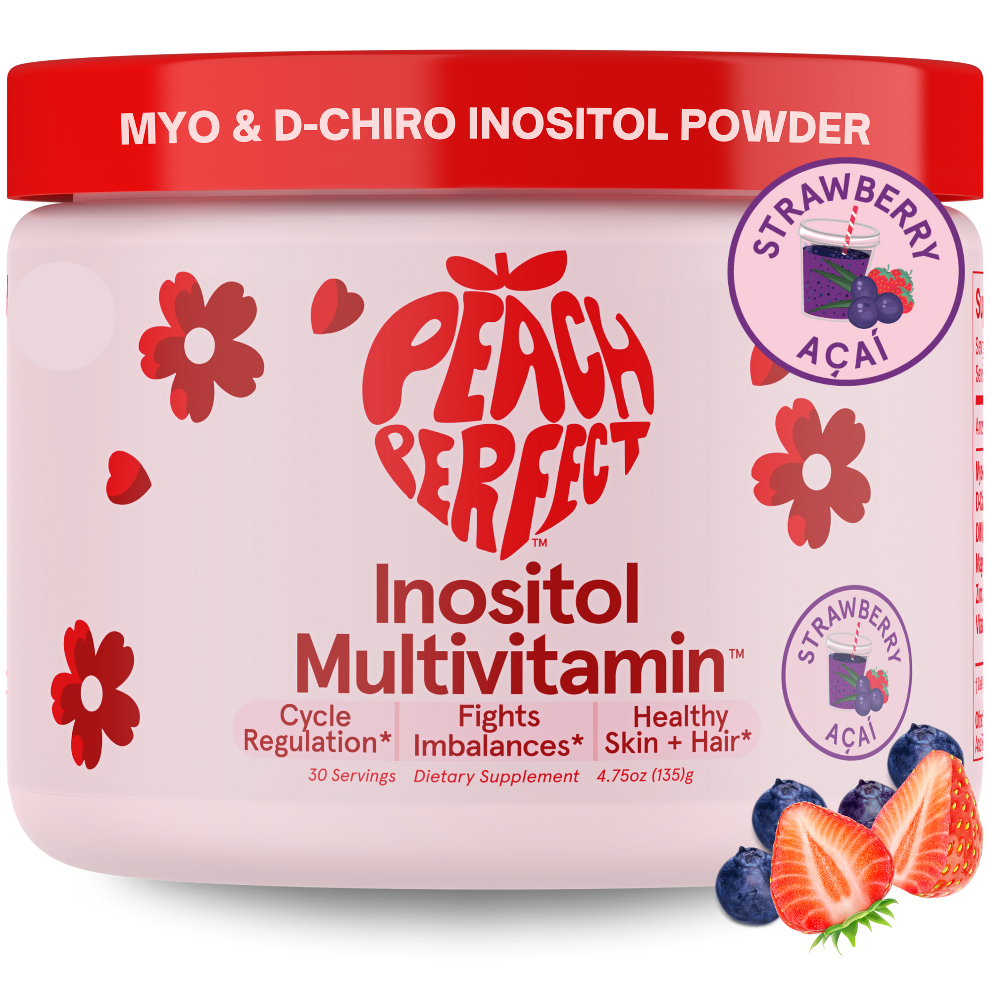 Peach Perfect Inositol Multivitamin container with strawberry acai flavor on a white background