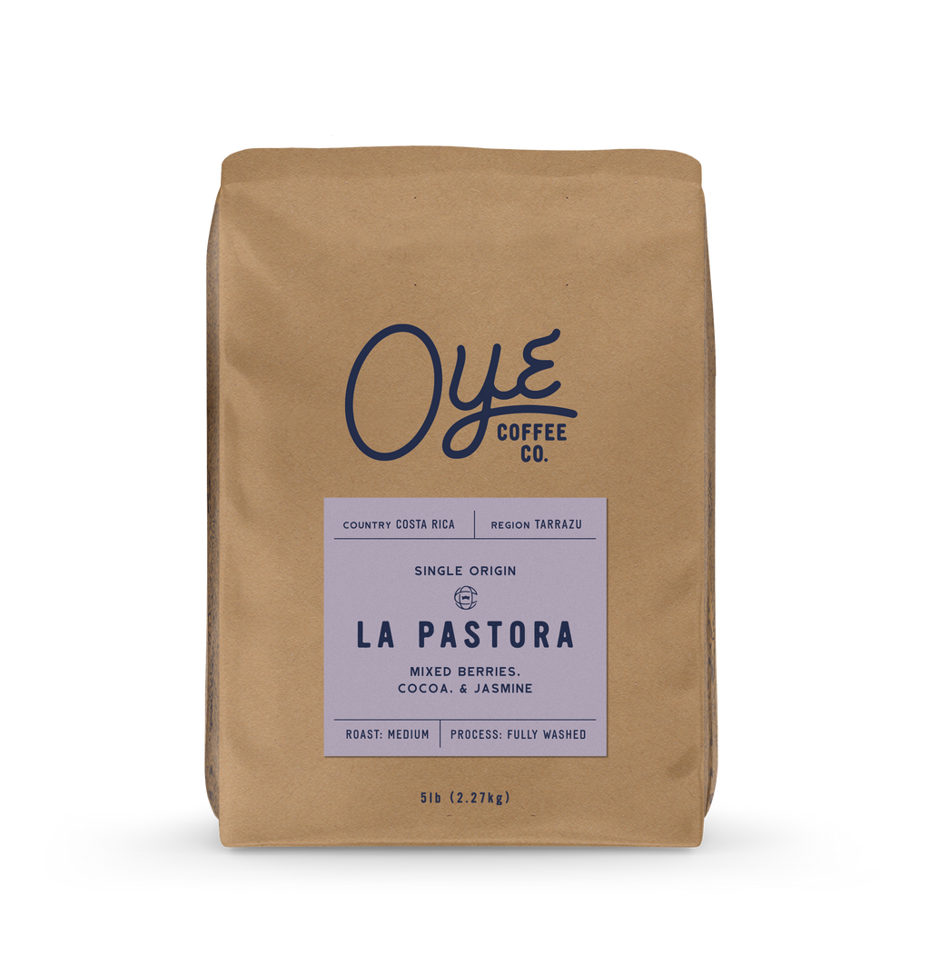 Brown coffee bag with 'OYE Coffee Co.' branding on a white background