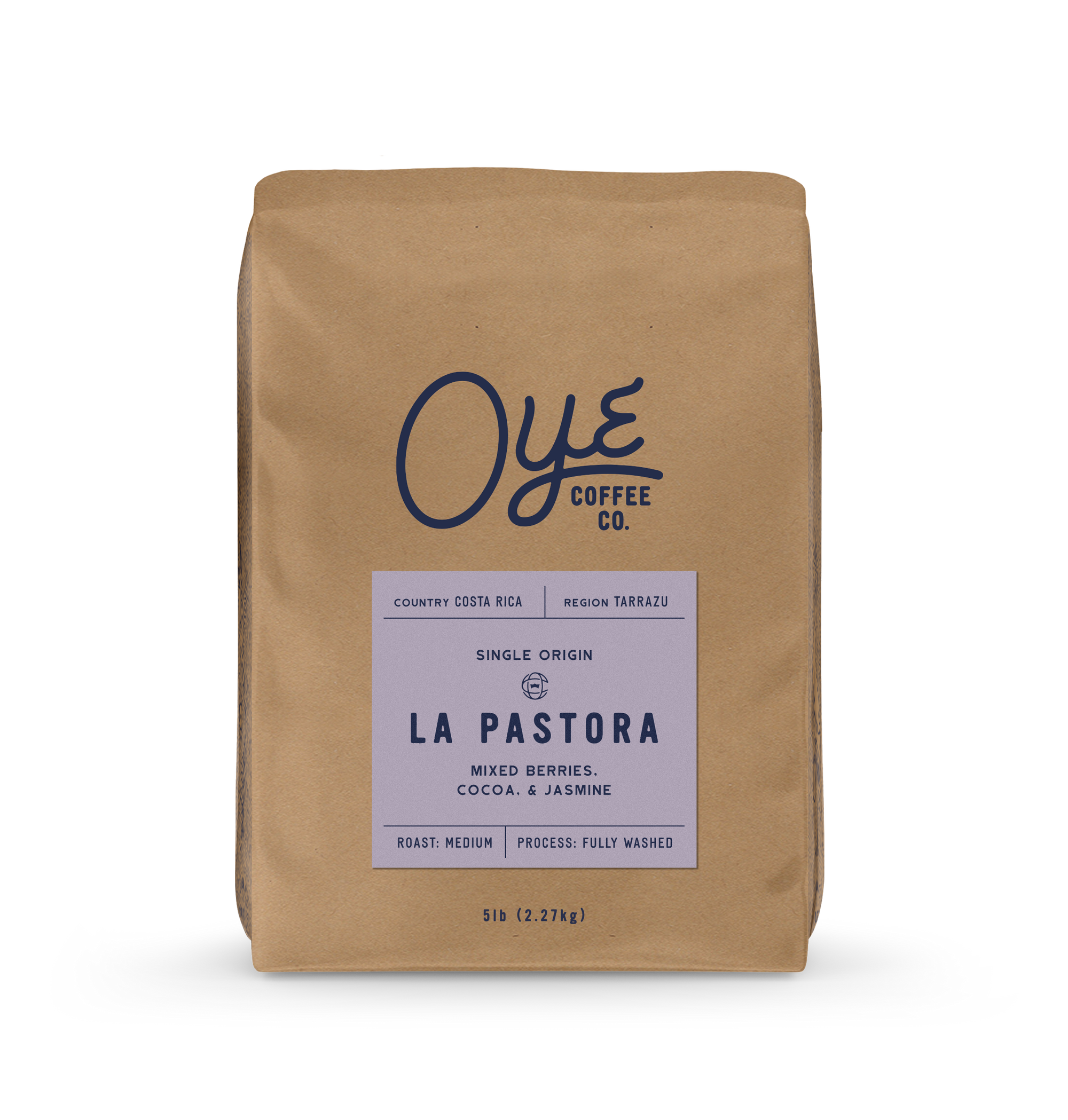 Brown coffee bag with 'OYE Coffee Co.' branding on a white background