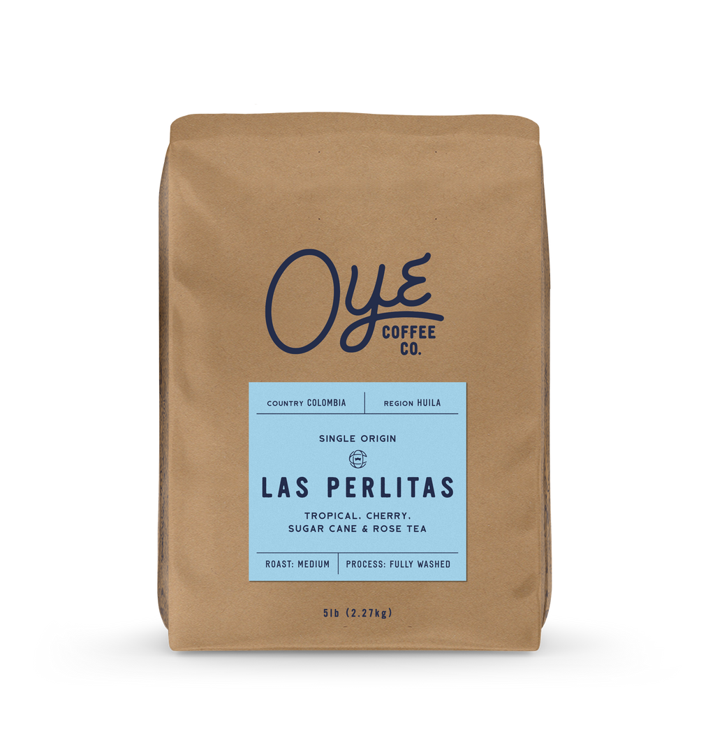 Brown coffee bag with 'OYE Coffee Co.' branding and 'Las Perlitas' label on a white background