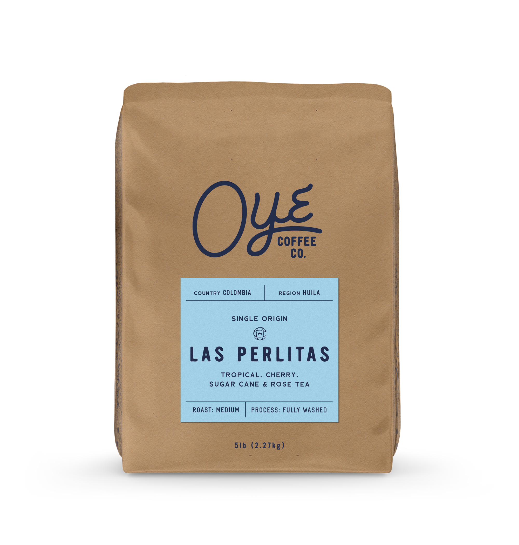 Brown coffee bag with 'OYE Coffee Co.' branding and 'Las Perlitas' label on a white background