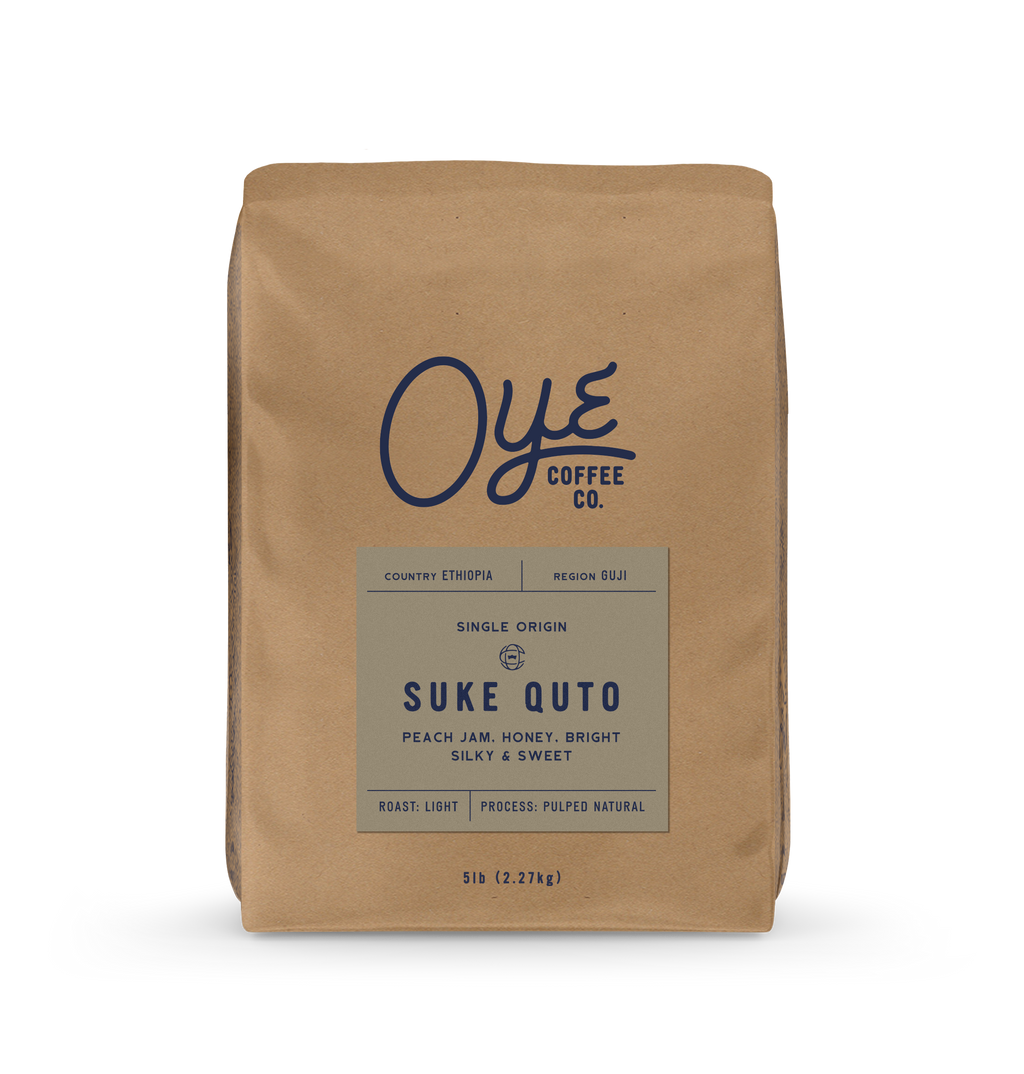 Brown coffee bag with 'Oye Coffee Co.' branding on a white background