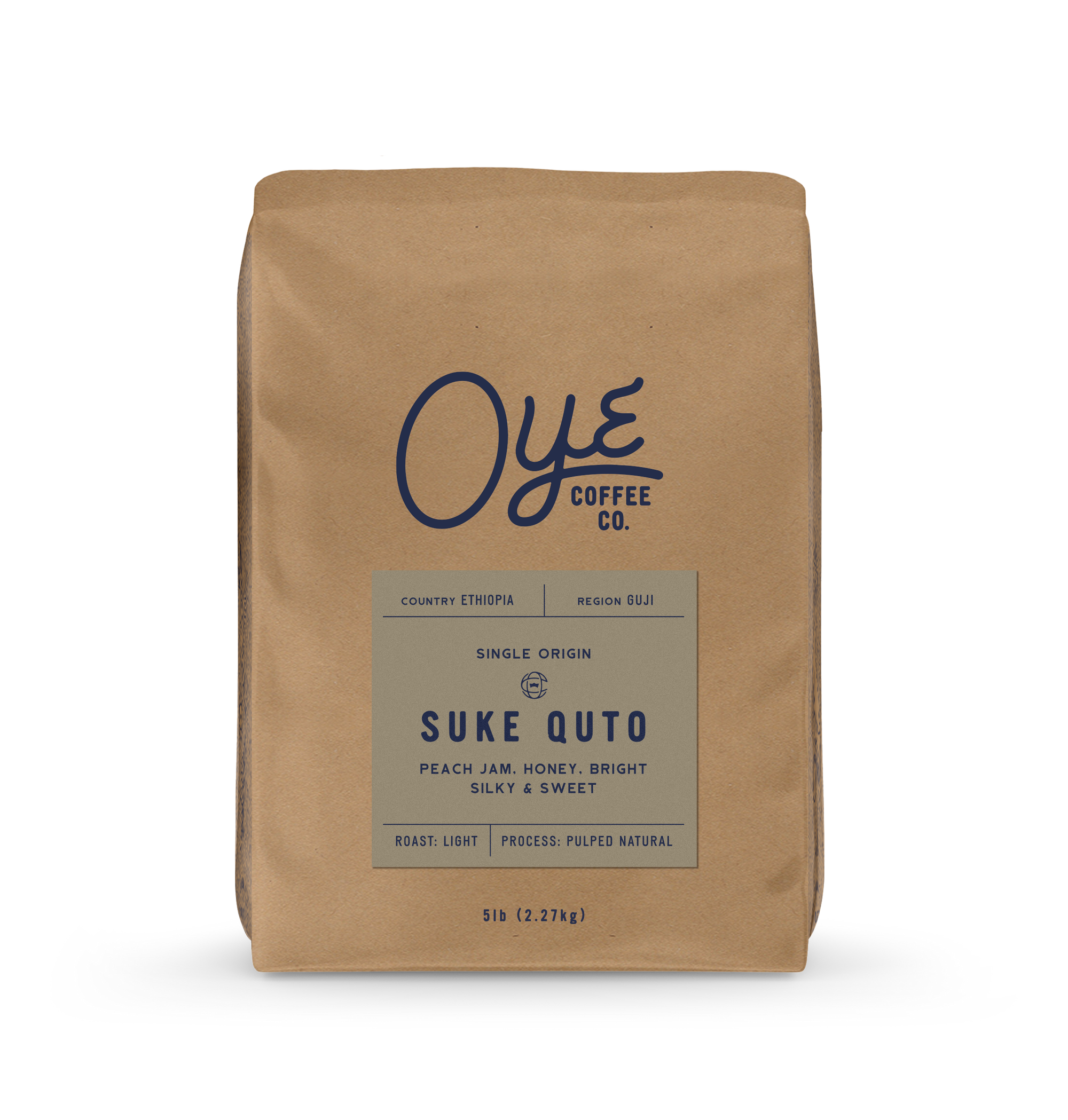 Brown coffee bag with 'Oye Coffee Co.' branding on a white background