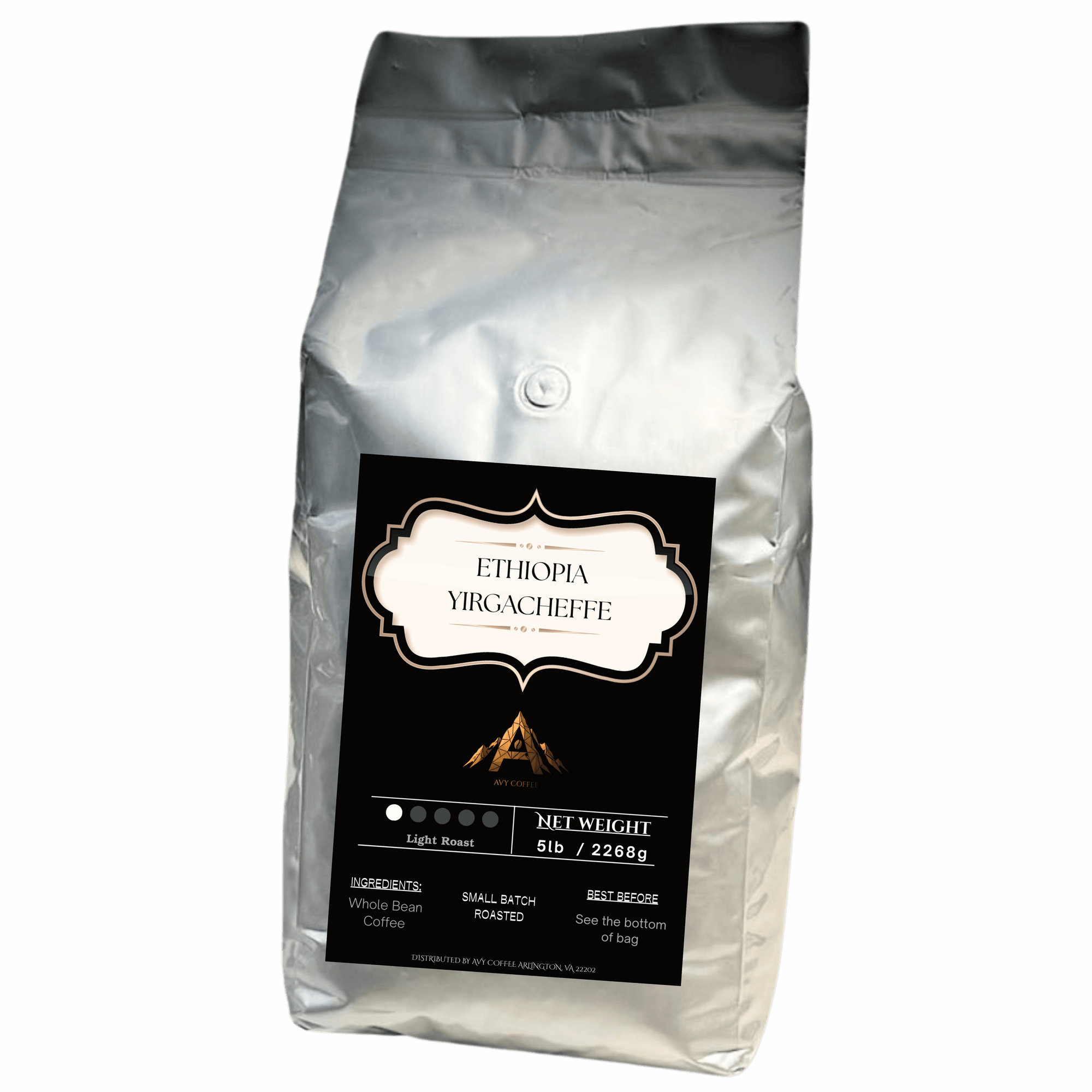 Coffee bag with a label on a light gray background