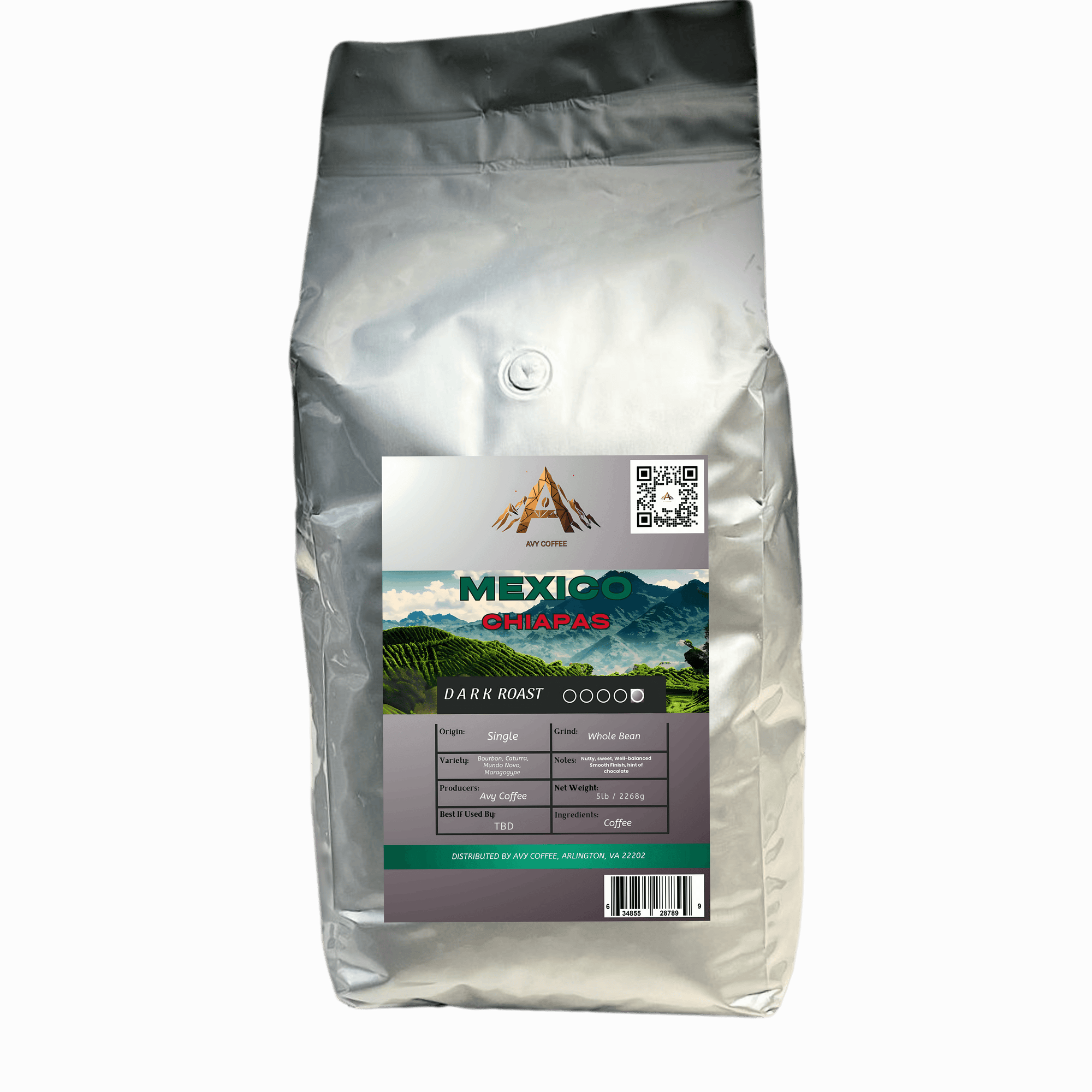 Coffee bag with a label on a gray background