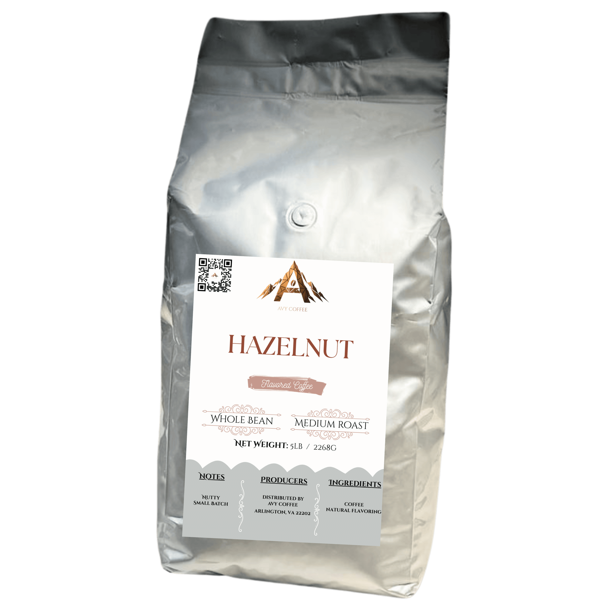 Coffee bag labeled 'Hazelnut' with a visible brand logo on a white background