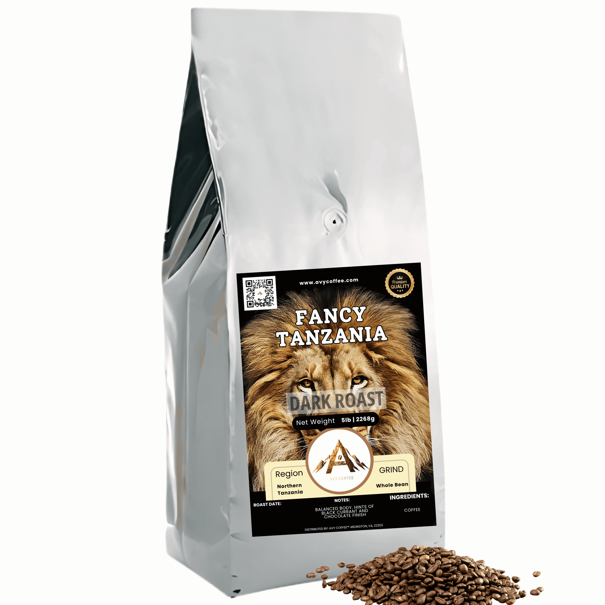 Fancy Tanzania coffee bag with a lion graphic on a white background