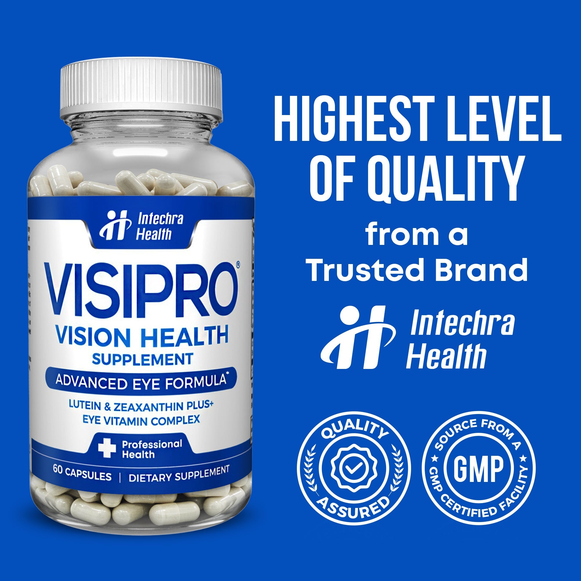 Visipro vision health supplement bottle with Intechna Health branding on a blue background