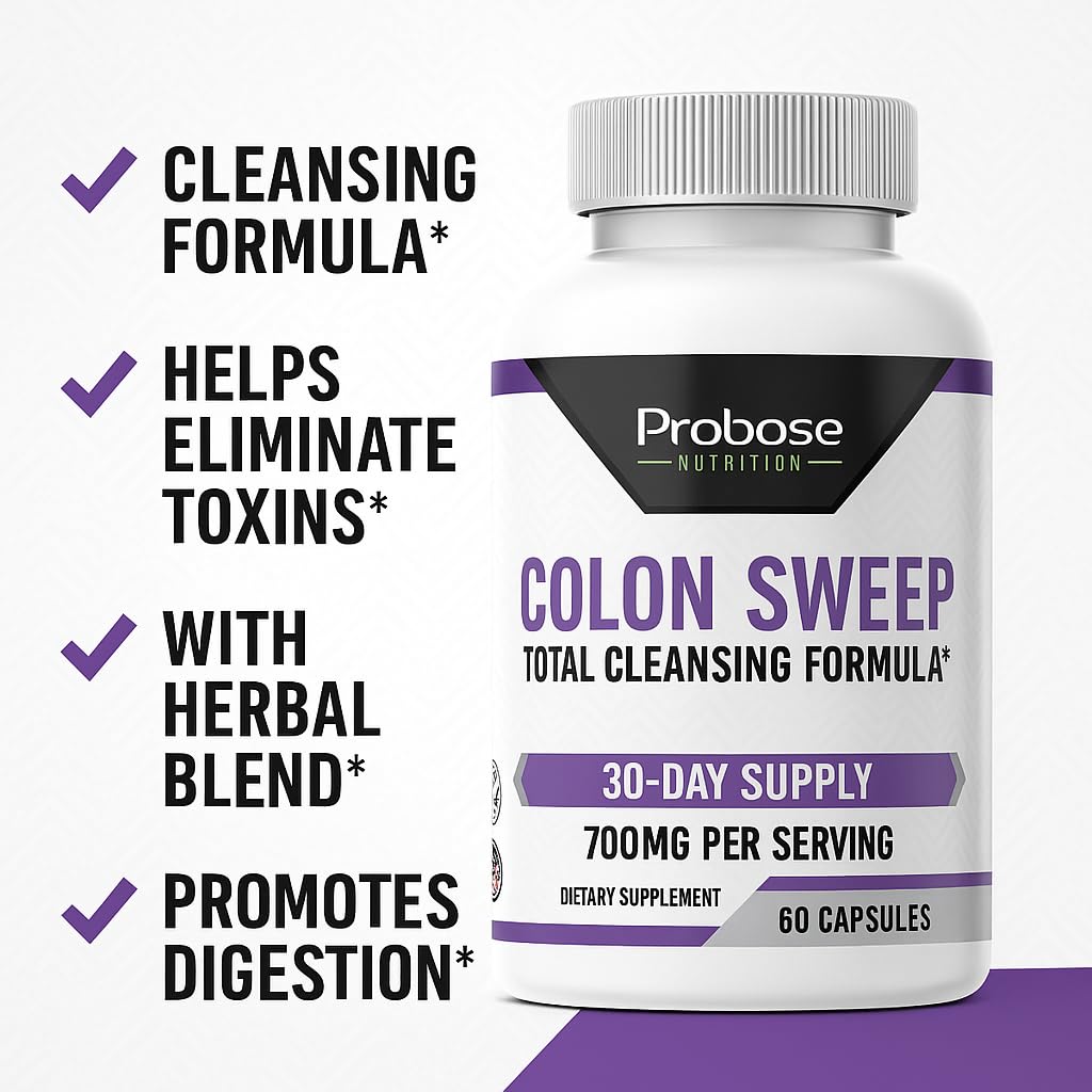 Probose Nutrition Colon Sweep supplement bottle with text highlighting benefits on a white background