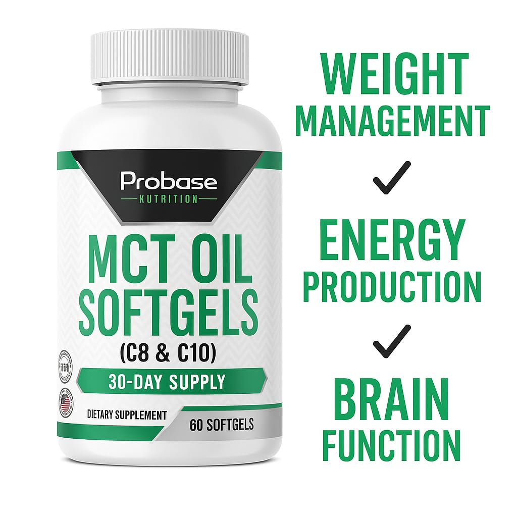 Probase Nutrition MCT Oil Softgels bottle with benefits listed on a white background
