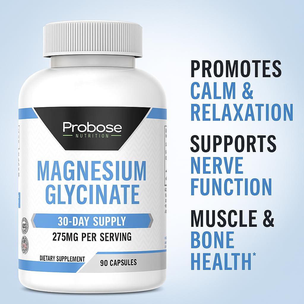 Supplement bottle labeled 'Magnesium Glycinate' with health benefits on a light blue background