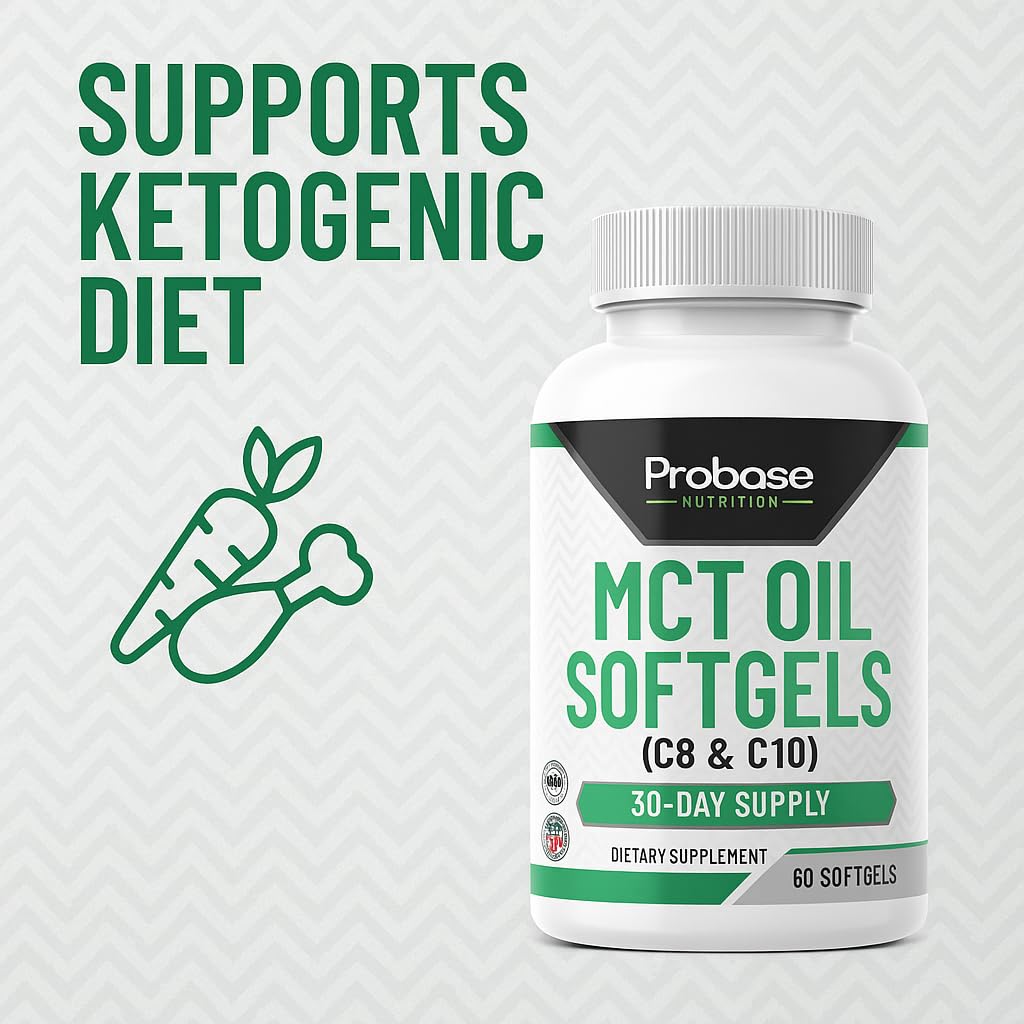Bottle of Probase Nutrition MCT Oil Softgels on a light gray background with text indicating support for ketogenic diet.