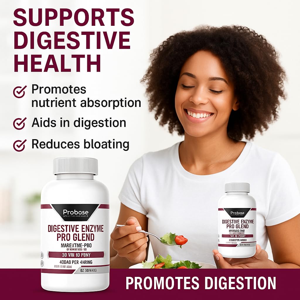 Woman holding a bottle of Probase Digestive Enzyme Pro Glend with text highlighting benefits on a white background