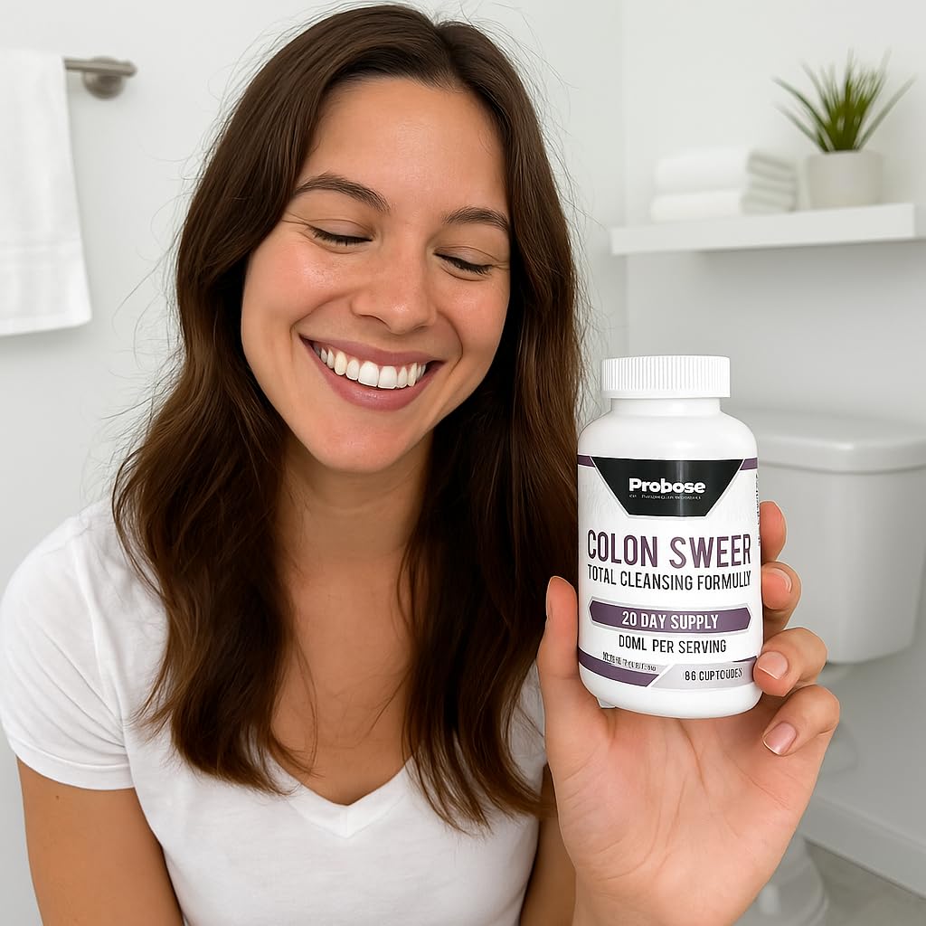 Woman holding a bottle of Probose Colon Sweeper in a bathroom setting