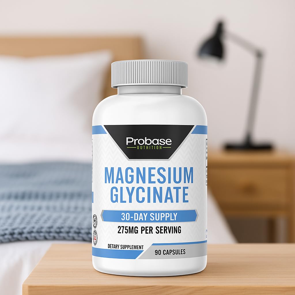 Supplement bottle labeled 'Magnesium Glycinate' by Probase on a table with a blurred room background