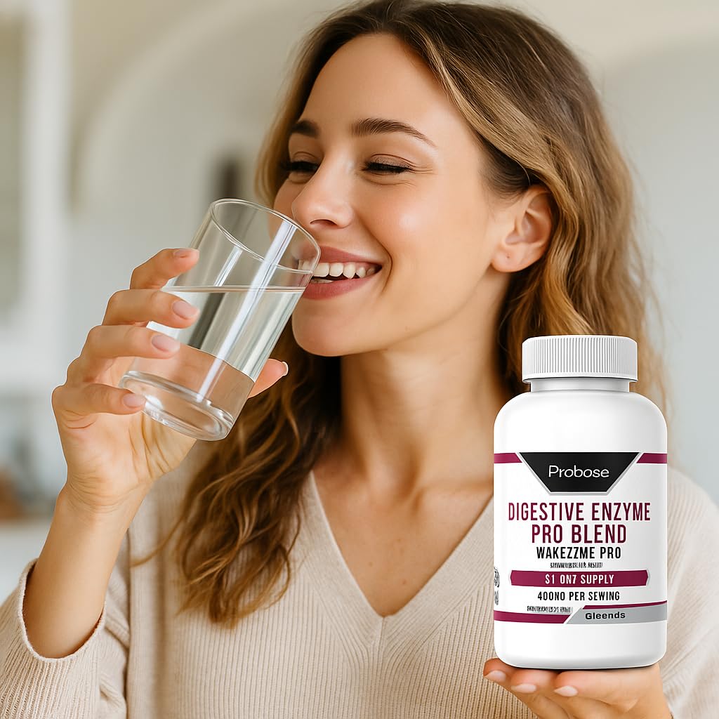 Woman holding a glass of water and a bottle of Probase Digestive Enzyme Pro Blend.