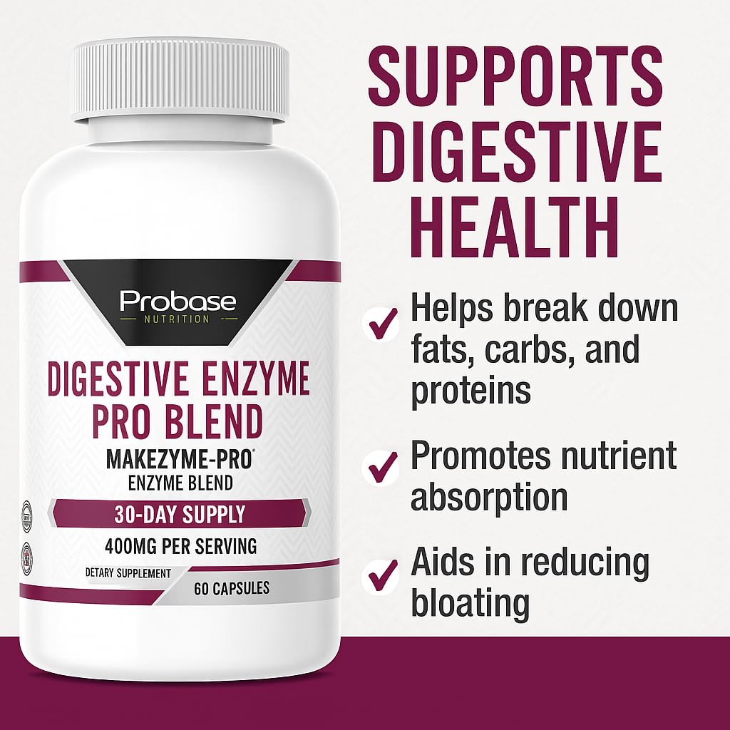 Probase Digestive Enzyme Pro Blend supplement bottle with text highlighting benefits on a white background.