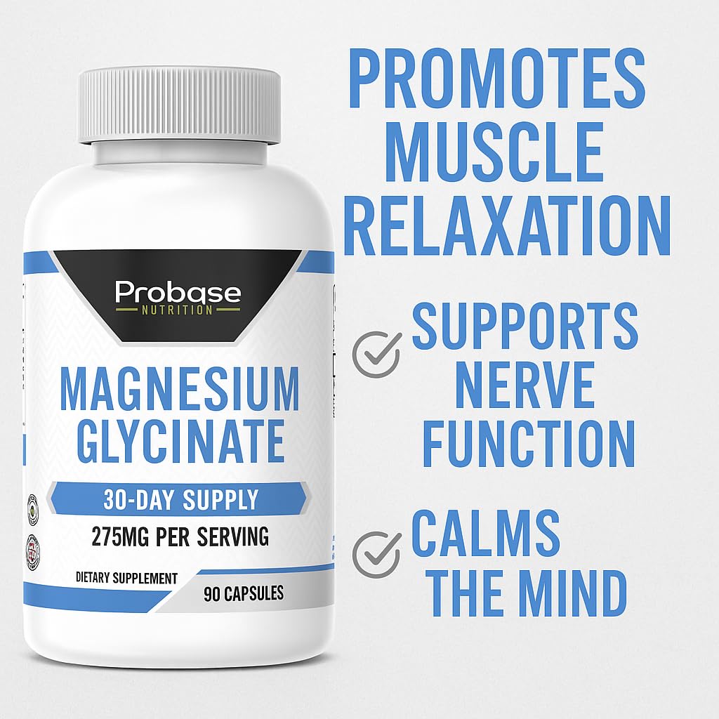 Supplement bottle labeled 'Magnesium Glycinate' with text highlighting benefits on a white background