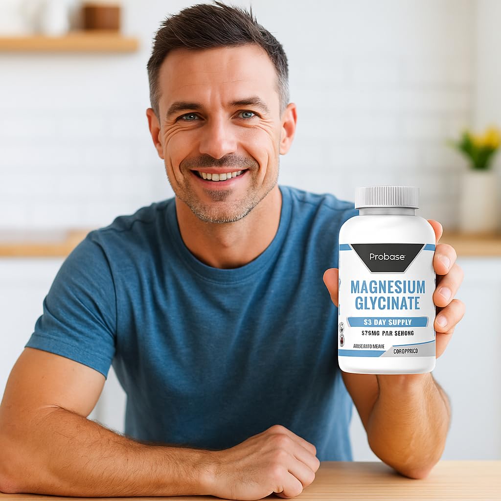 Man holding a bottle of Probase Magnesium Glycinate supplement in a kitchen setting.