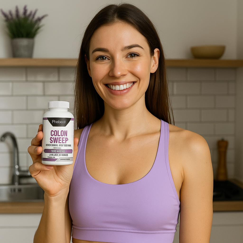 Woman holding a supplement container labeled 'Colon Sweep' in a kitchen setting