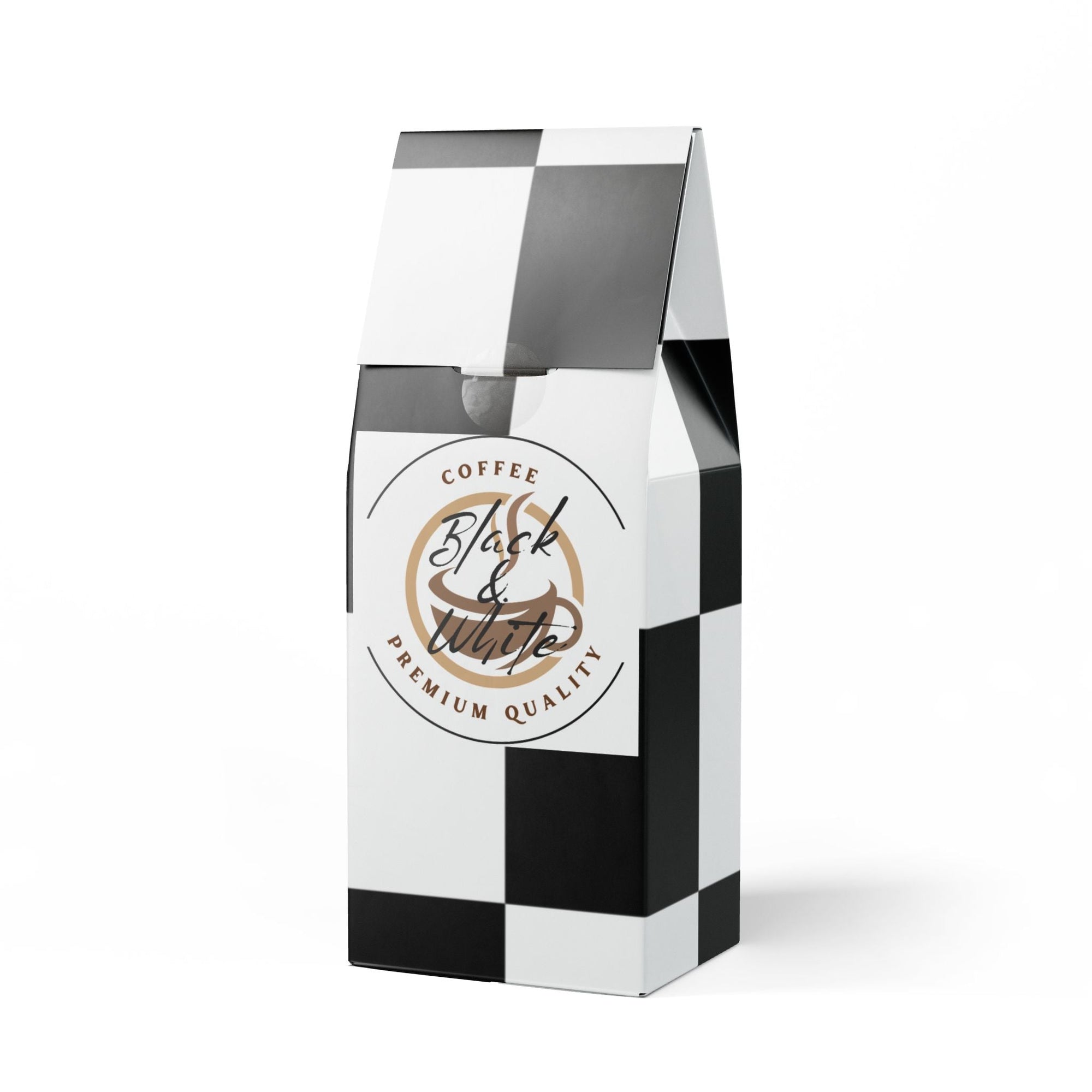 Black and white coffee packaging with 'Black & White Coffee' branding on a white background