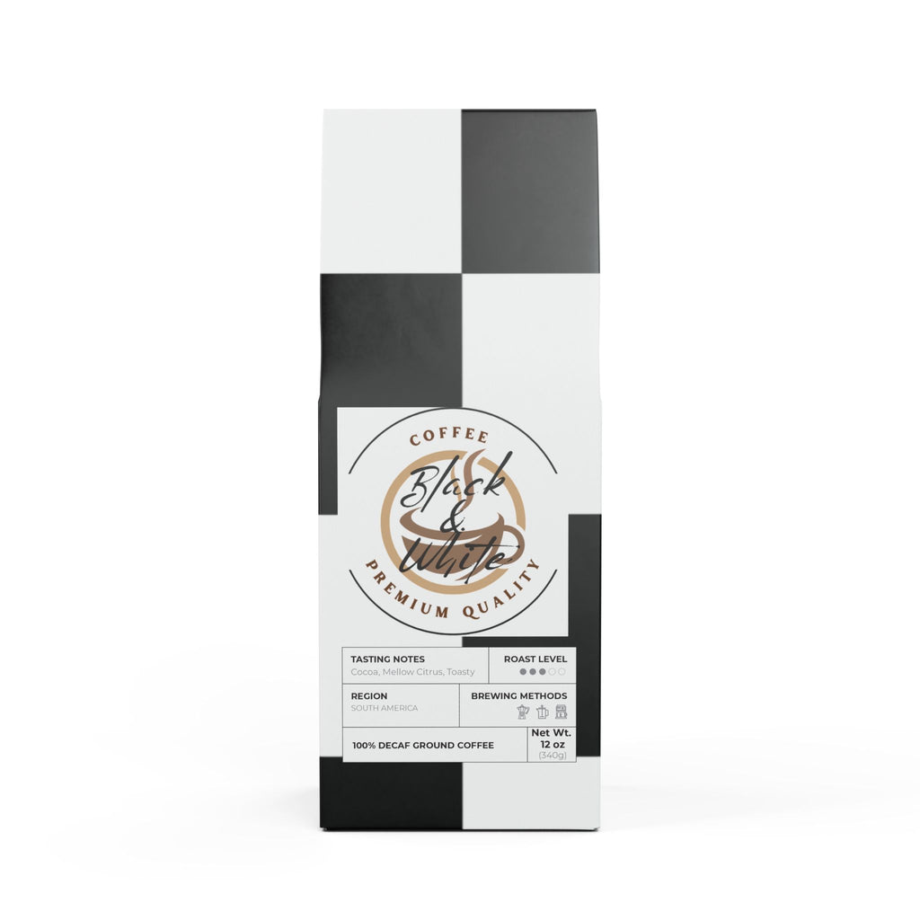 Coffee package with black and white checkered pattern and 'Black & White' branding.