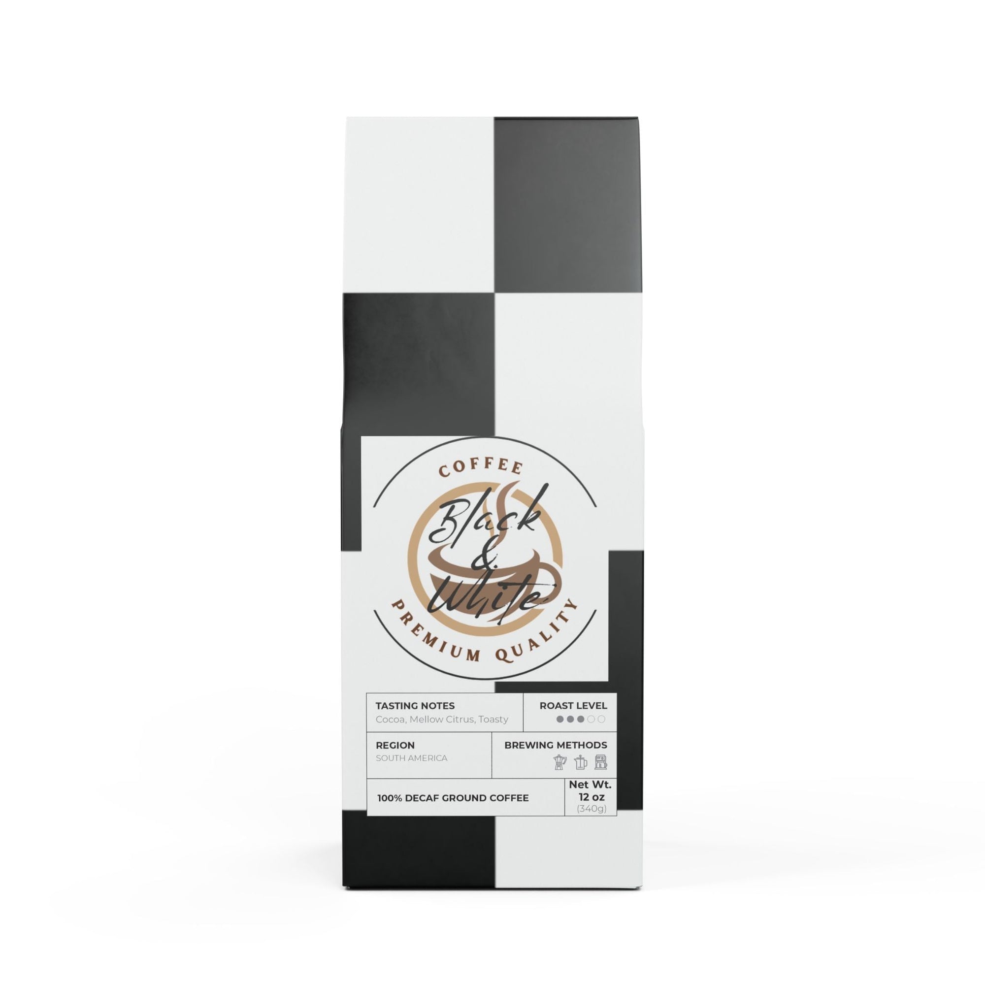 Coffee package with black and white checkered pattern and 'Black & White' branding.