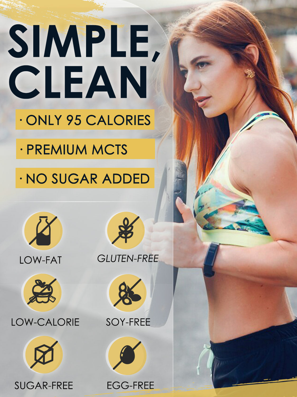 Woman holding a shaker bottle with health benefits text and icons on a yellow background