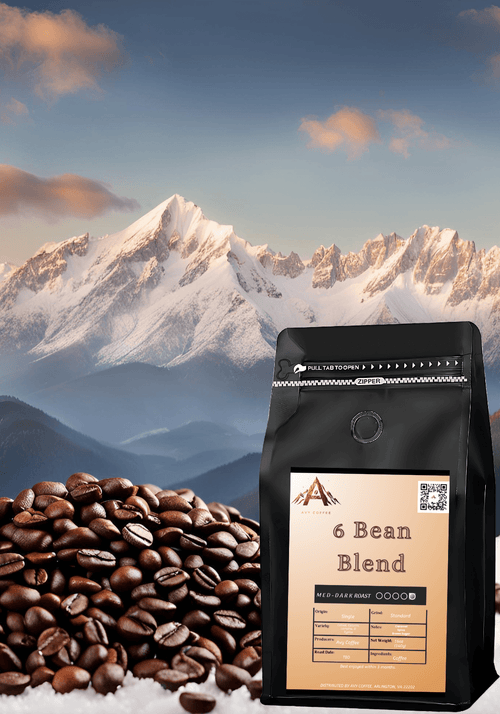 Coffee package with '6 Bean Blend' label against a mountainous landscape