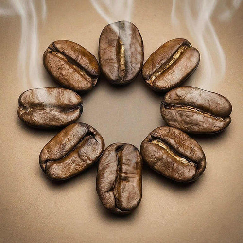 Roasted coffee beans arranged in a circular pattern on a beige background
