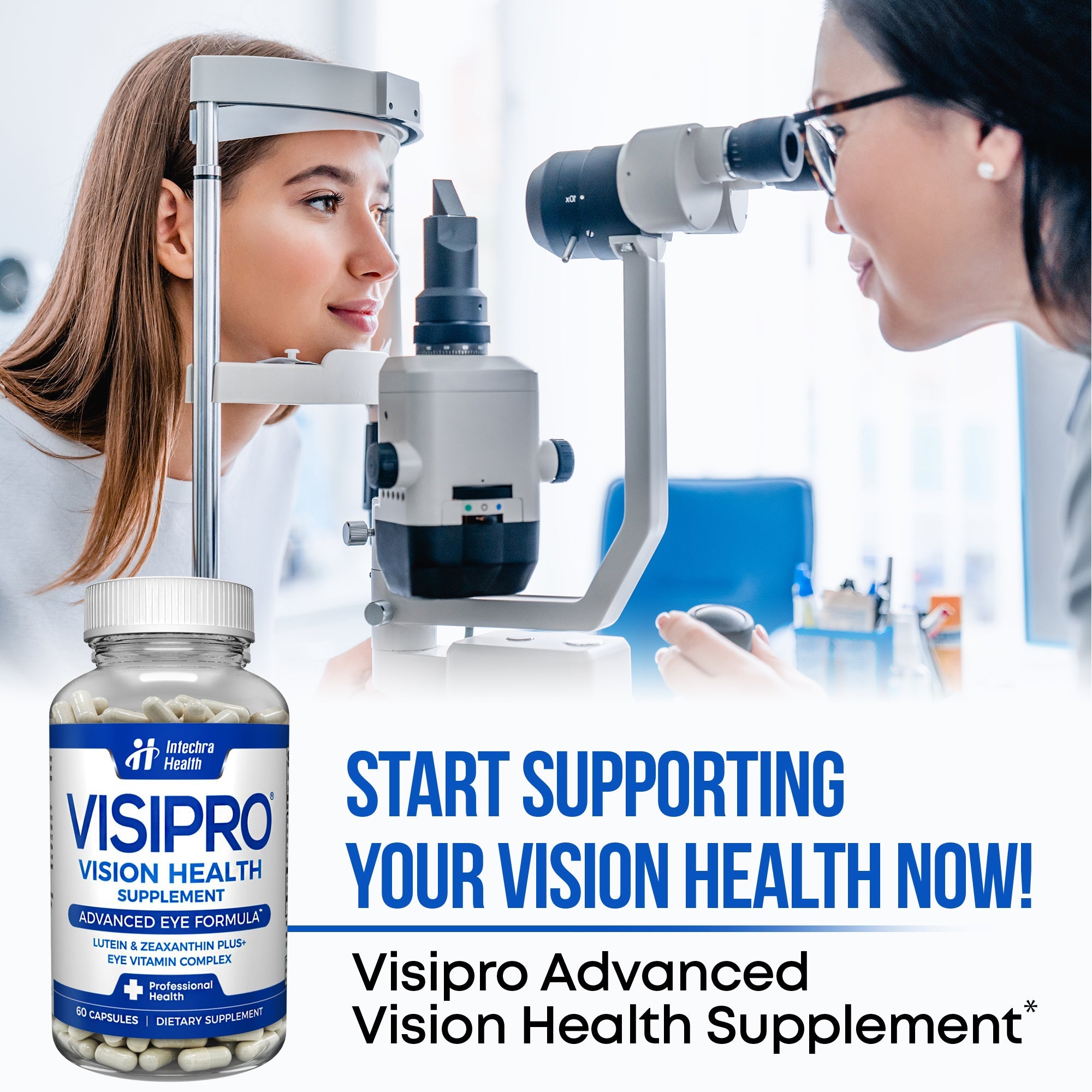 Person undergoing eye examination with Visipro supplement bottle in foreground