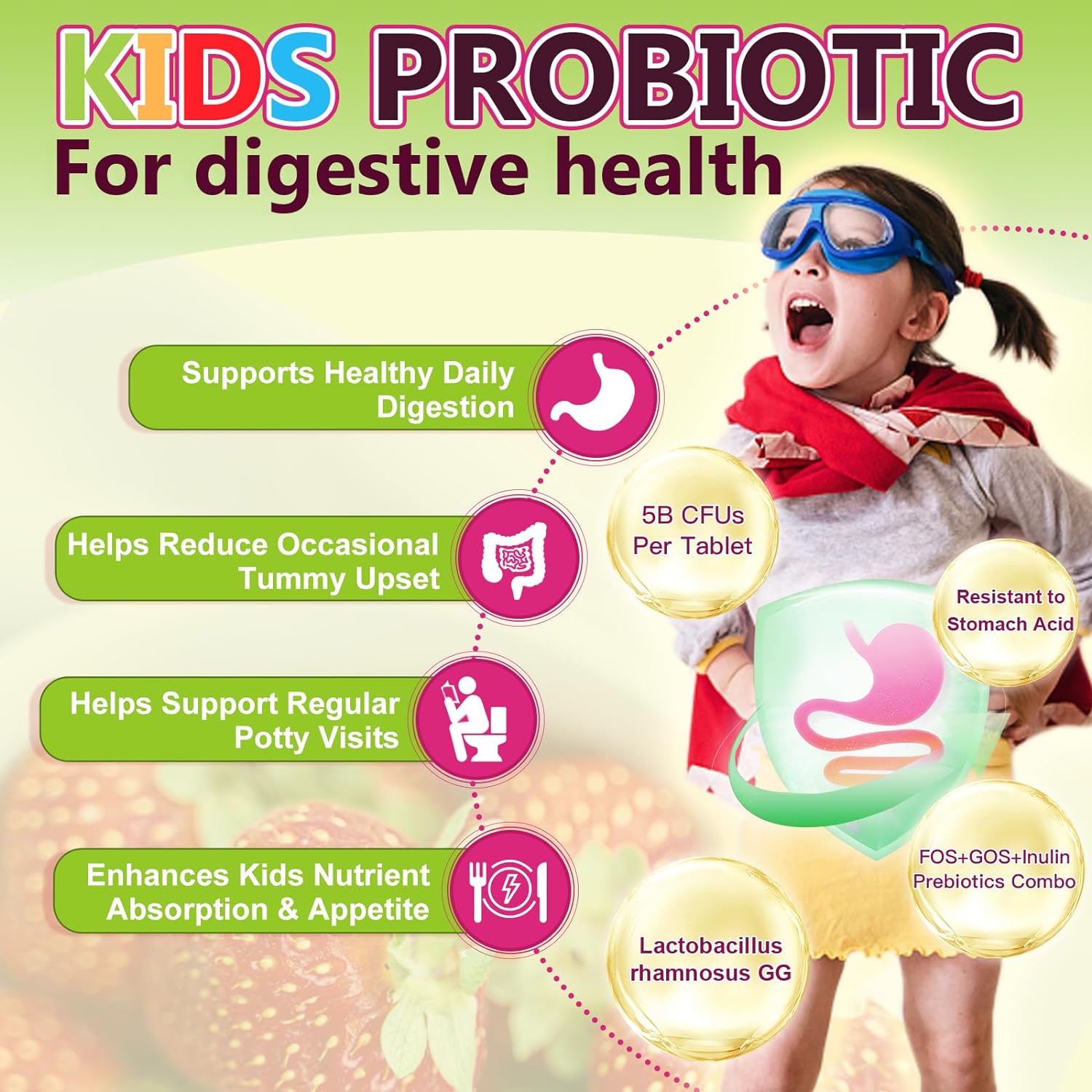 Advertisement for kids' probiotic supplement with a child wearing goggles and a cape, highlighting health benefits.
